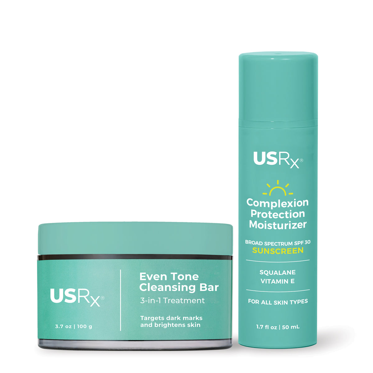 Jar of USRx Even Tone Cleansing Bar and Bottle of Complexion Protection Moisturizer on a white background