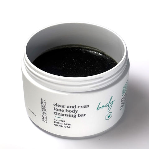 Open jar of Urban Skin RX Clear and Even Tone Body Cleansing Bar