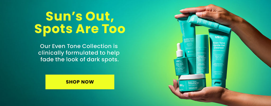 Cosmetic products with text about an even tone collection on a green background