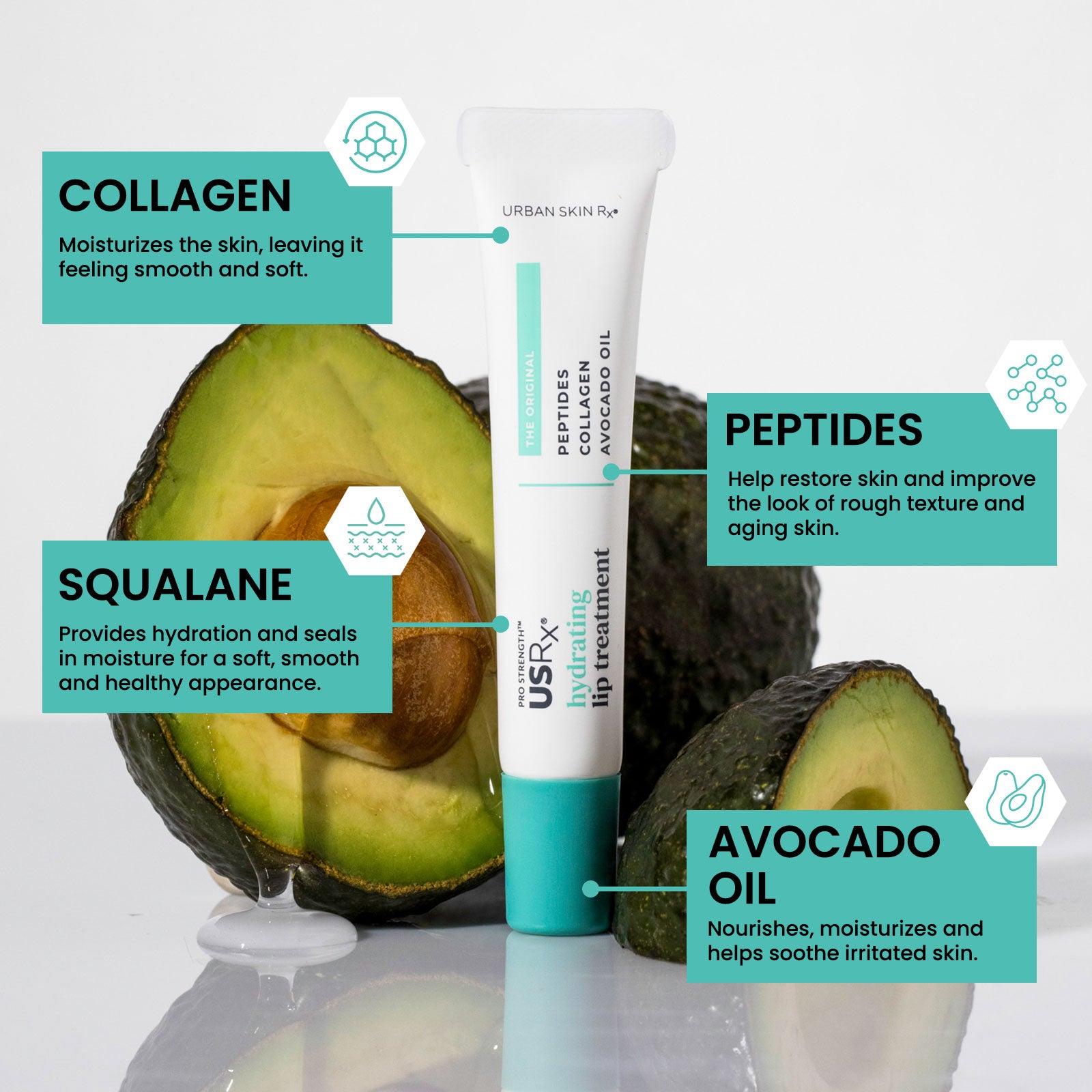 USRx Hydrating Lip Treatment features multiple ingredients that nourish, moisturize, and restore dry lips including collagen, peptides, squalane, avocado oil