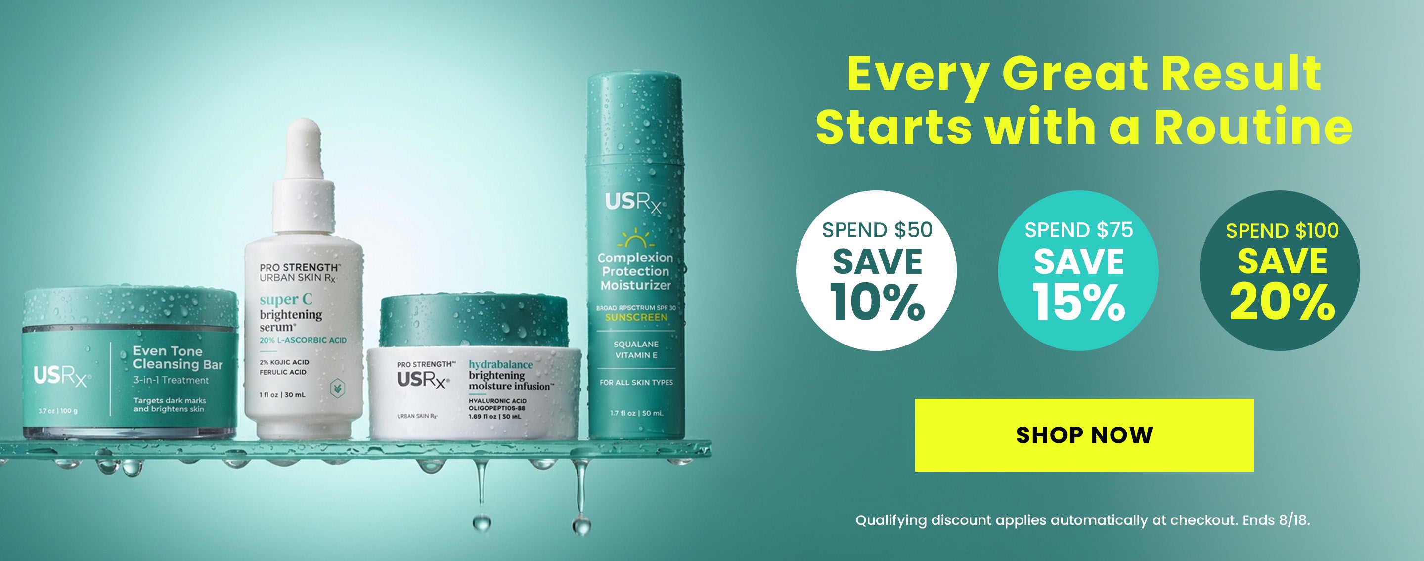 Assortment of USRx skincare products on a shelf with promotional text against a light blue background