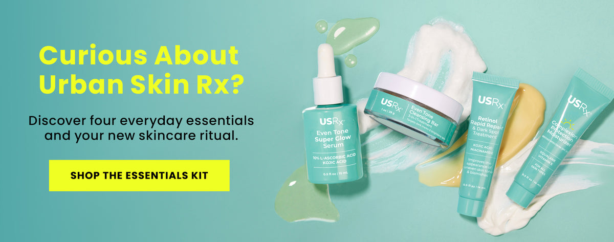 USRx Even Tone Essentials Kit on a light blue background with swatches of products and promotional text 'shop the essentials kit'