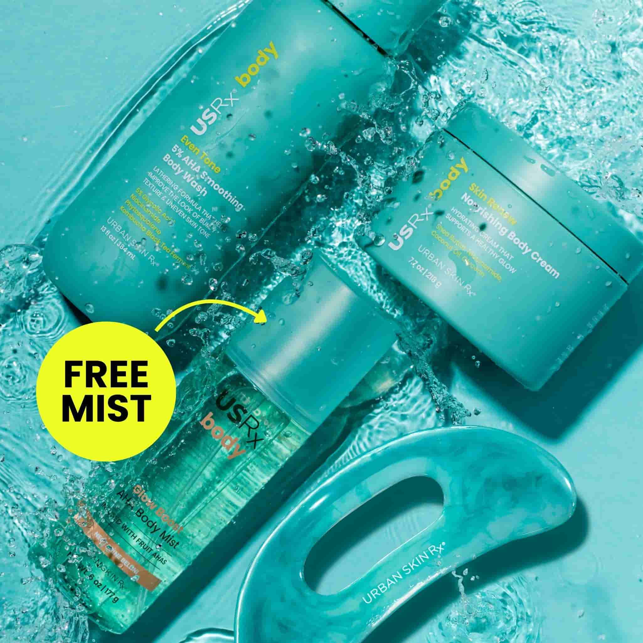 Assortment of USRx skincare products on a blue background with "free mist" text buibble