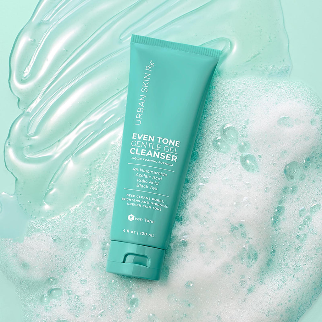 4 ounce bottle of Urban Skin RX Even Tone Gentle Gel Cleanser set against a light green background