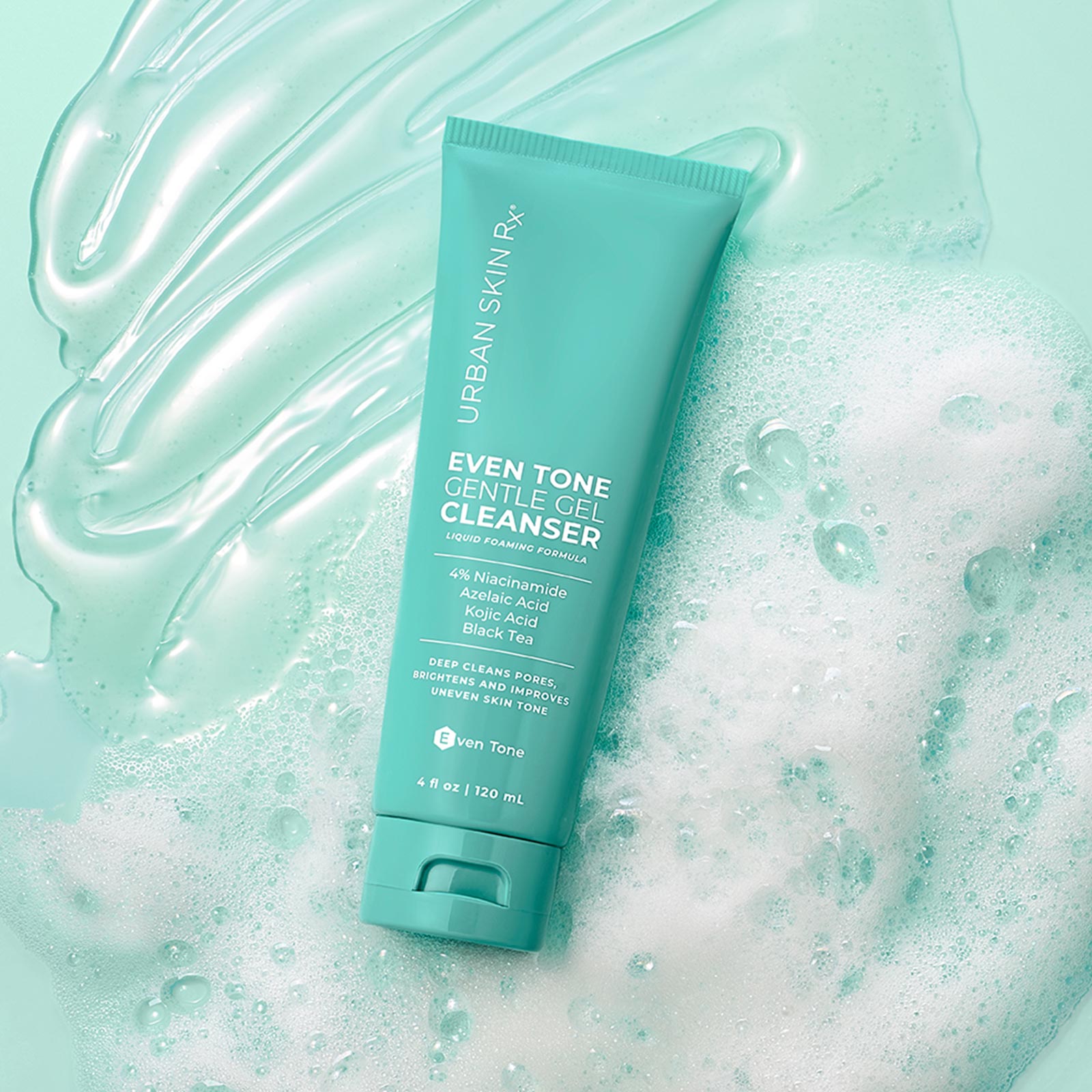 4 ounce bottle of Urban Skin RX Even Tone Gentle Gel Cleanser set against a light green background