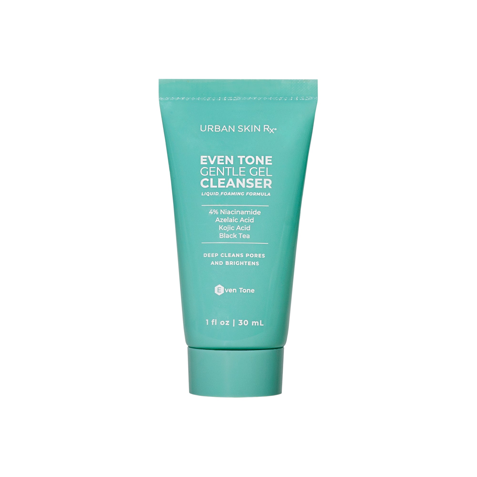 Mini Bottle of Urban Skin RX Even Tone Gentle Gel Cleanser on white background
