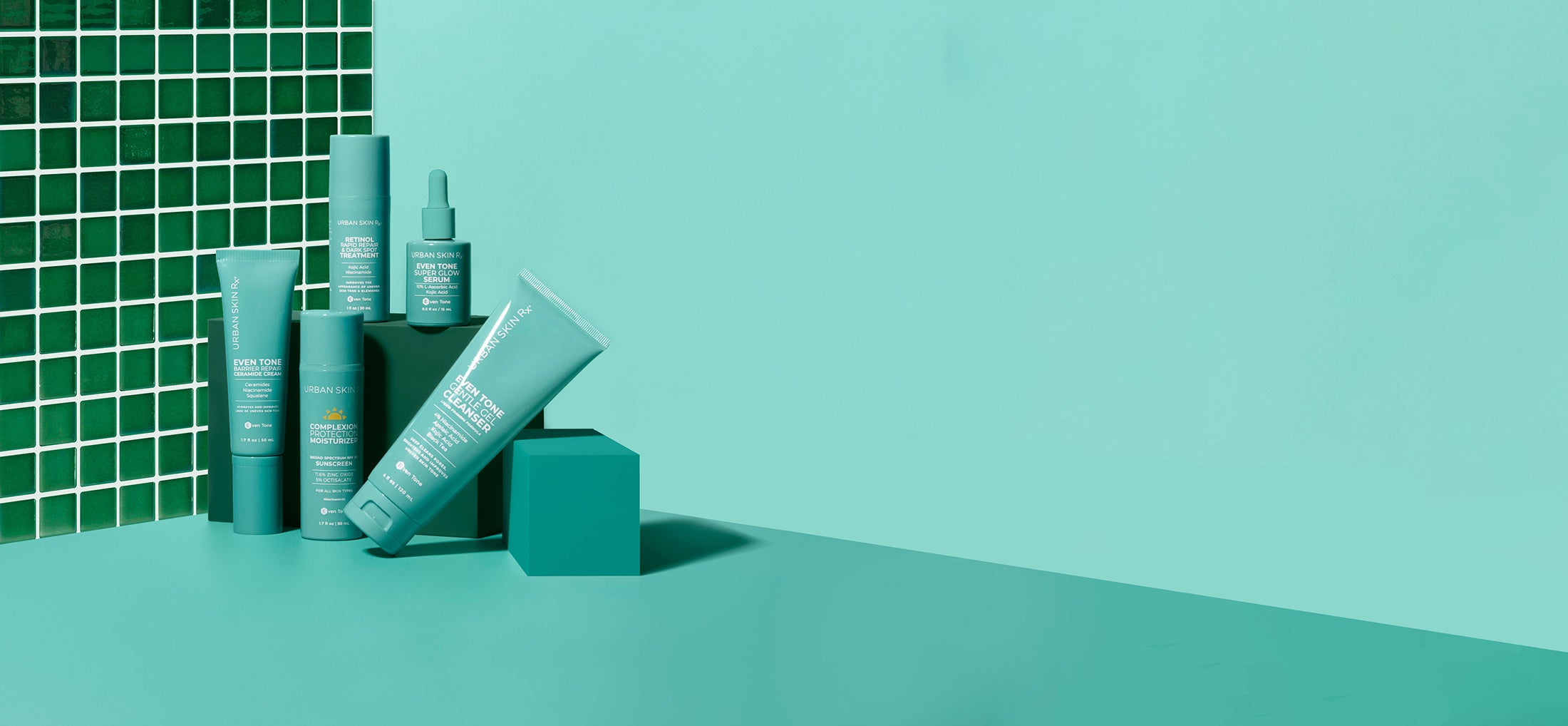 background image showing a group of Urban Skin products on a teal background