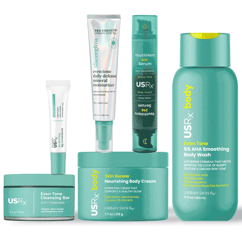 Assortment of USRx skincare products on a white background