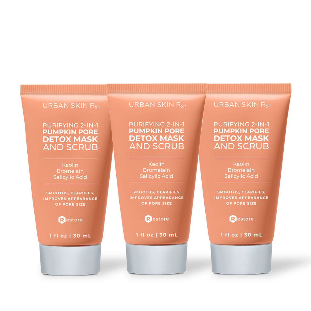 Three tubes of Urban Skin Rx Purifying 2-in-1 Pumpkin Pore Detox Mask and Scrub on a white background