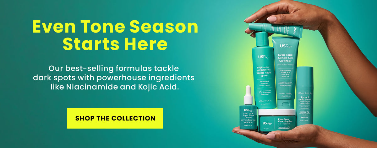 A woman is holding an assortment of USRx Even Tone Collection skincare products against a light blue background with text overlay 'Shop The Collection'