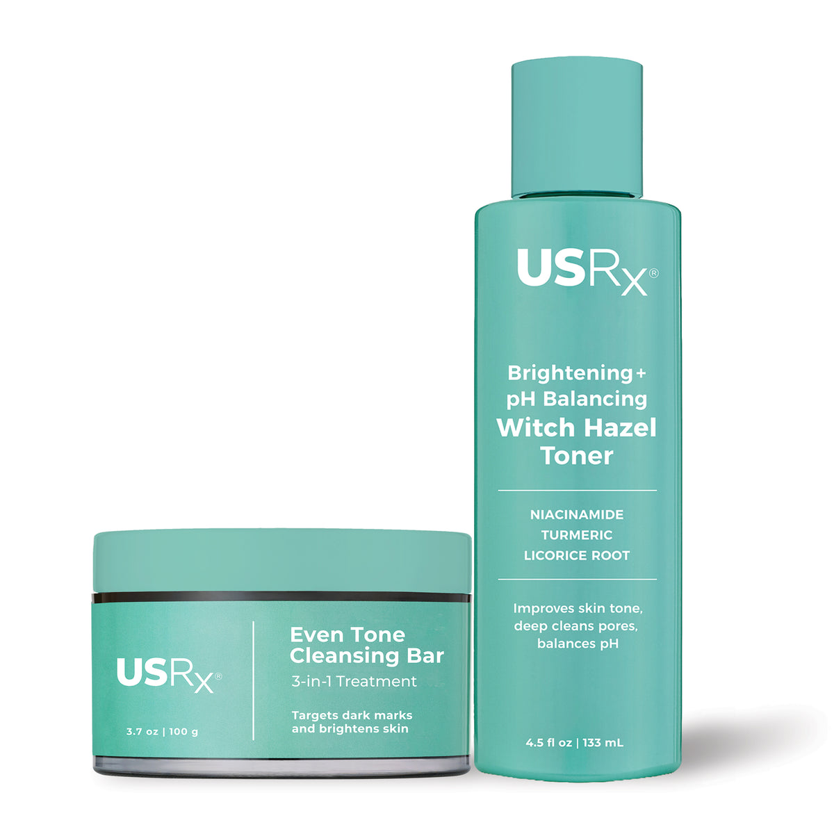 Bottles of USRx witch hazel toner and even tone cleansing bar on a white background