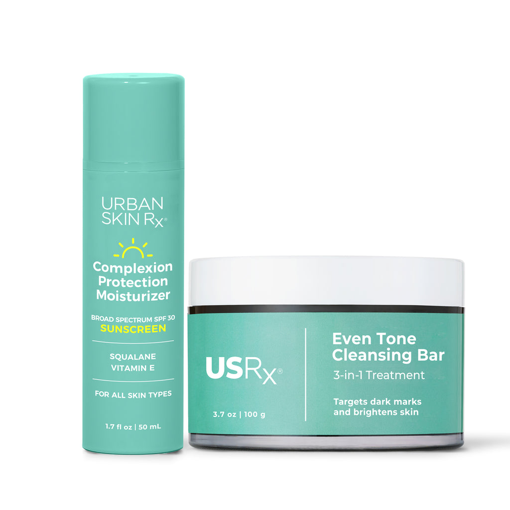Jar of USRx Even Tone Cleansing Bar and Bottle of Complexion Protection Moisturizer on a white background