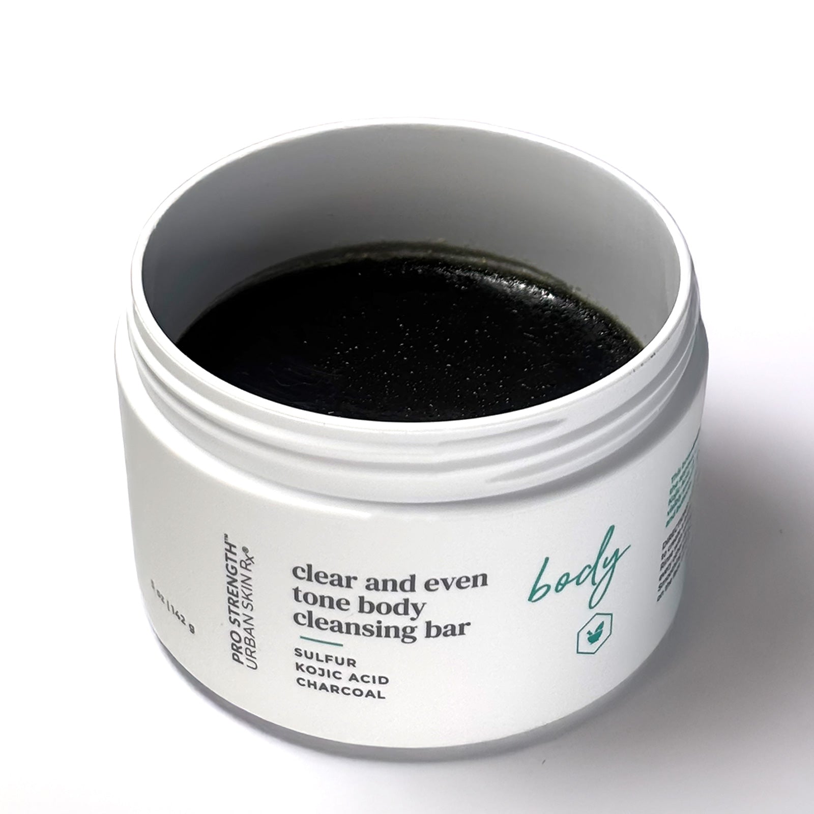 Open jar of Urban Skin RX Clear and Even Tone Body Cleansing Bar