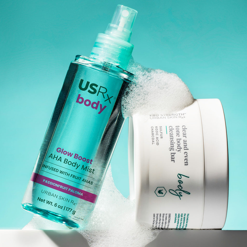 USRx Body Glow Duo including Clear and Even Tone Body Cleansing Bar and Glow Boost AHA Body Mist