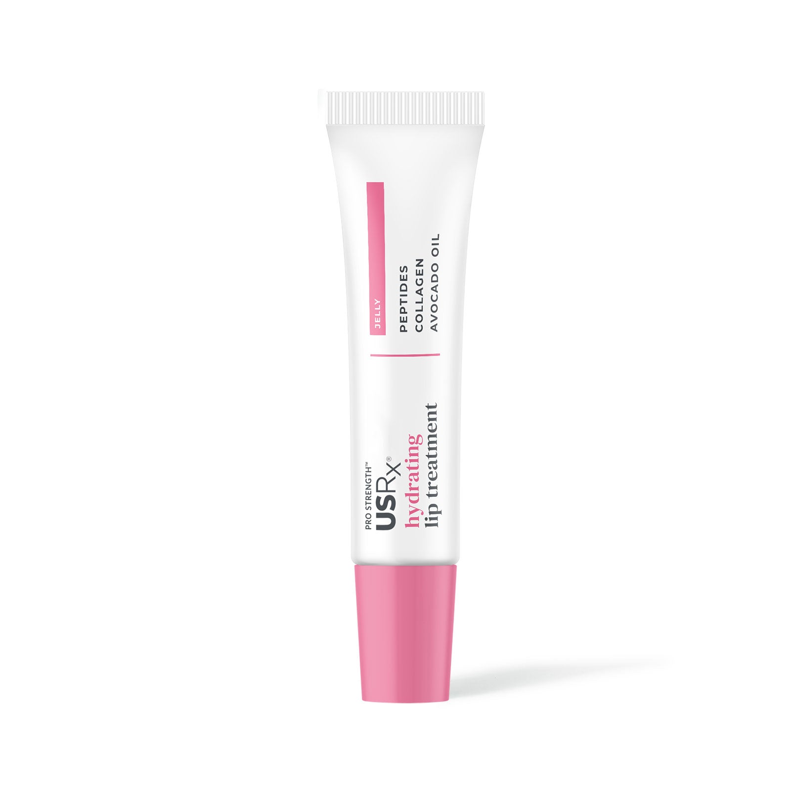 Tube of USRx Tinted Hydrating Lip Treatment in Jelly pink shade on a white background