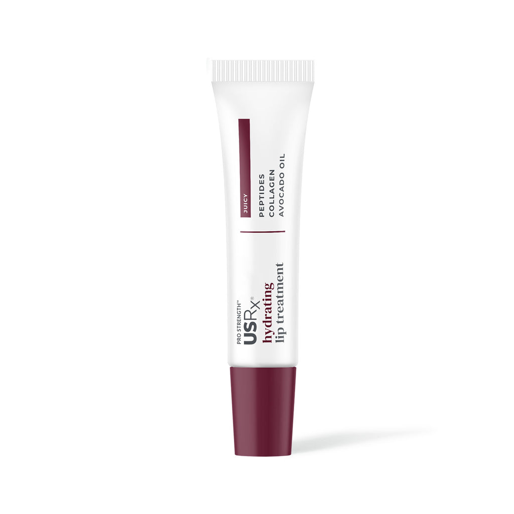 Tube of USRx Tinted Hydrating Lip Treatment in Juicy plum shade on a white background