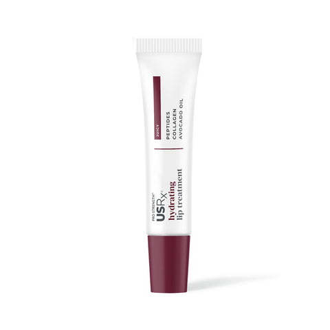 Tube of USRx Tinted Hydrating Lip Treatment in Juicy plum shade on a white background