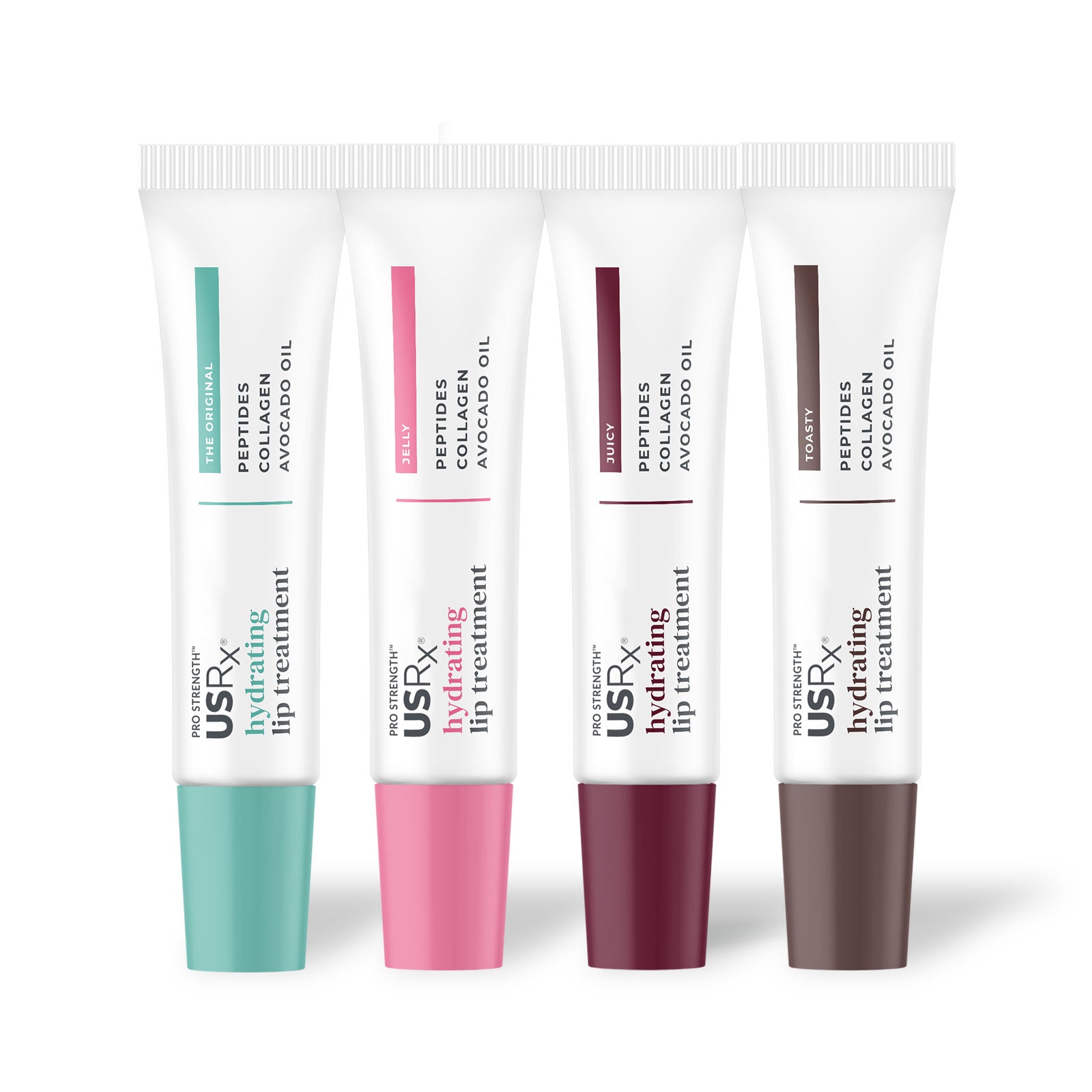 Assortment of 4 different shades of USRx Hydrating Lip Treatment in Original, Jelly, Toasty and Juicy on a white background