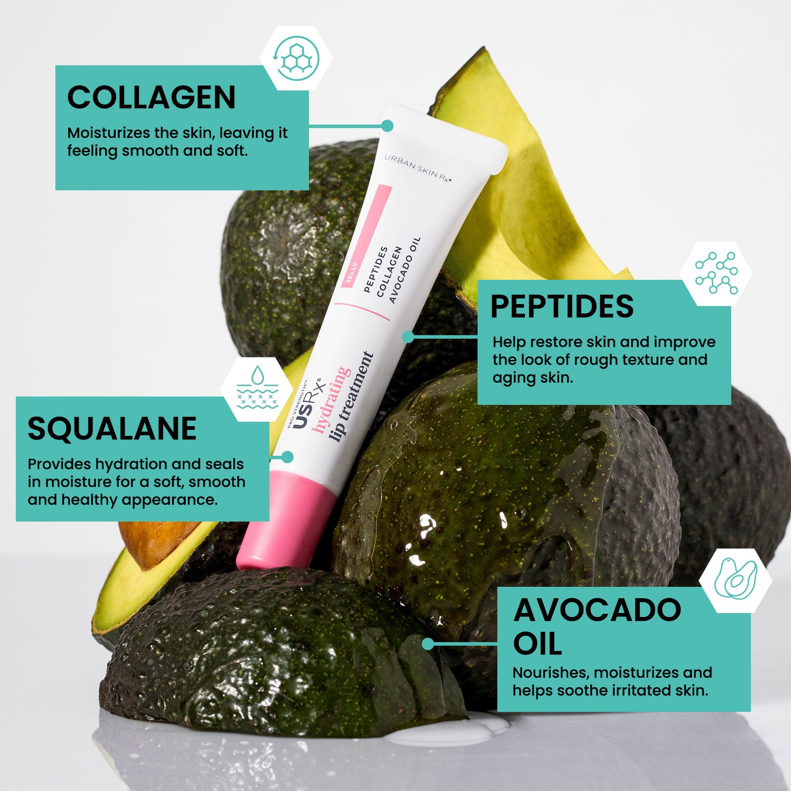 USRx Hydrating Lip Treatment in shade Jelly surrounded by avocados on a white background