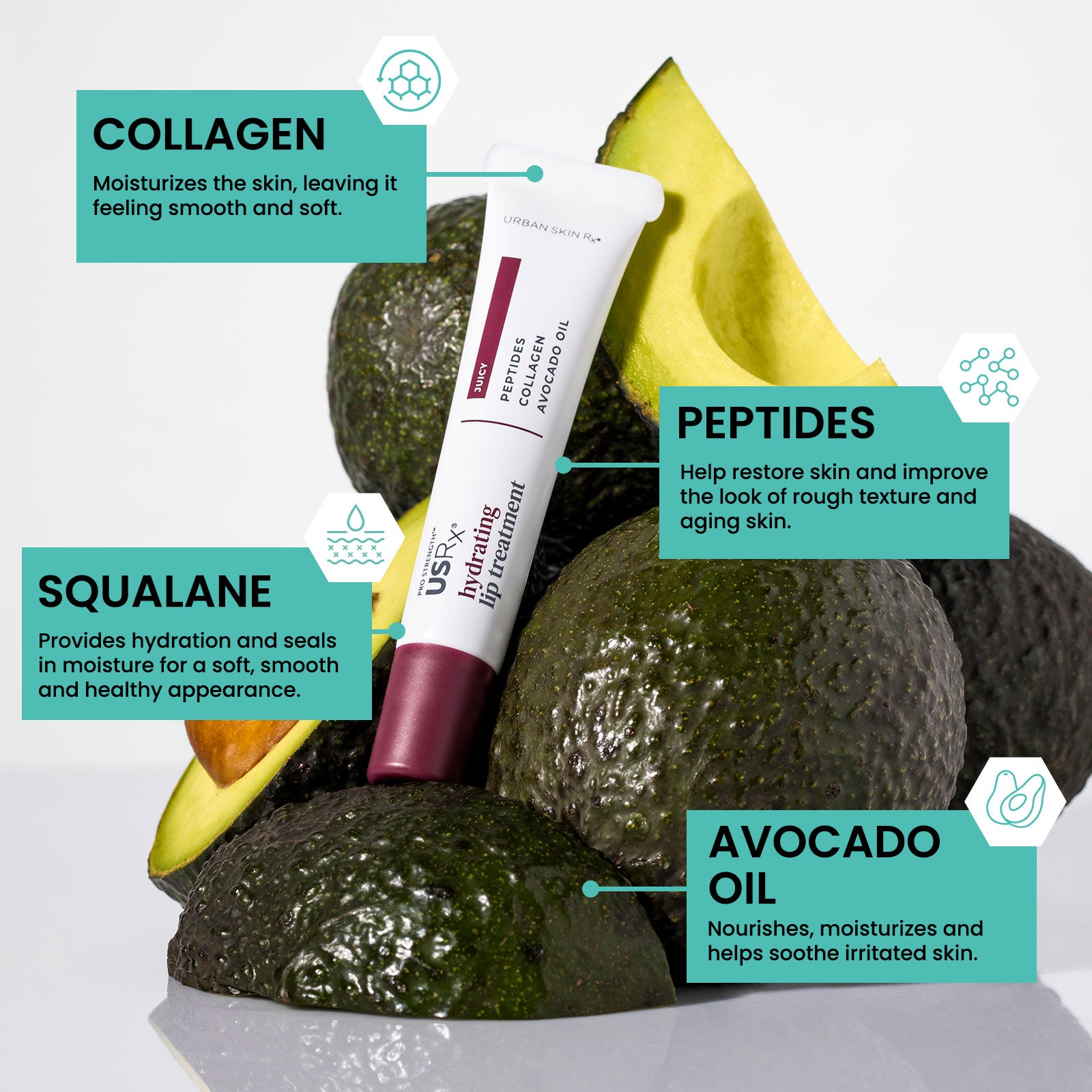 USRx Hydrating Lip Treatment in shade Juicy surrounded by avocados on a white background