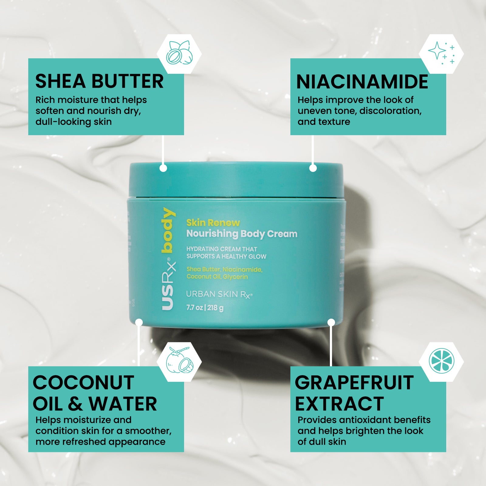 Jar of USRx Nourishing Body Cream with ingredient callouts