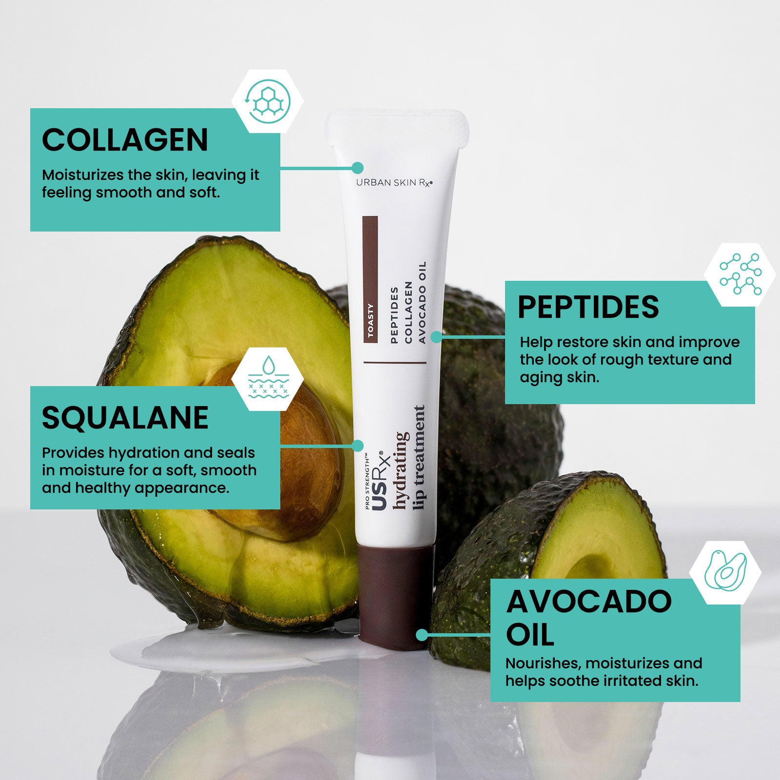 USRx Hydrating Lip Treatment in shade Toasty surrounded by avocados on a white background