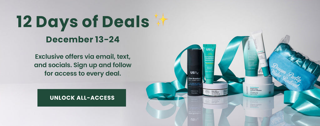 Cosmetic products with promotional text for '12 Days of Deals' on a white background