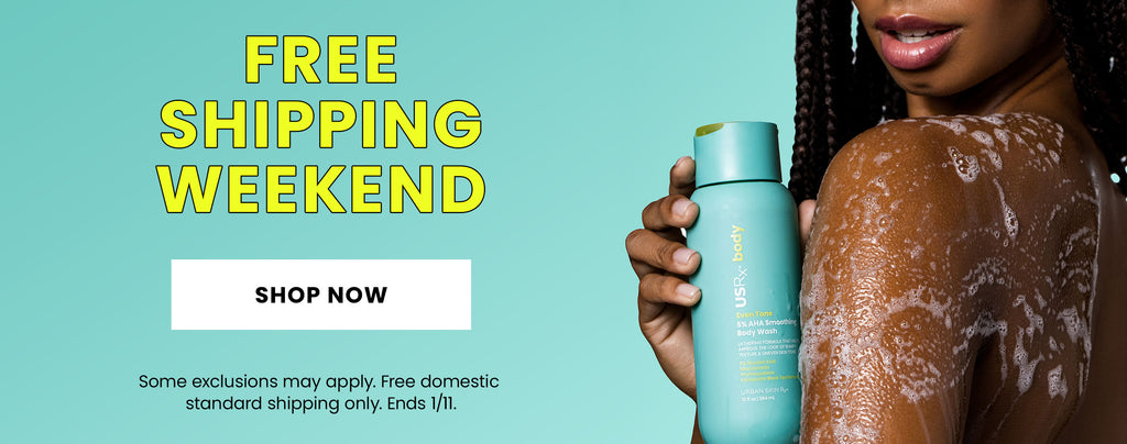 Woman holding bottle of USRx body wash with text overlay 