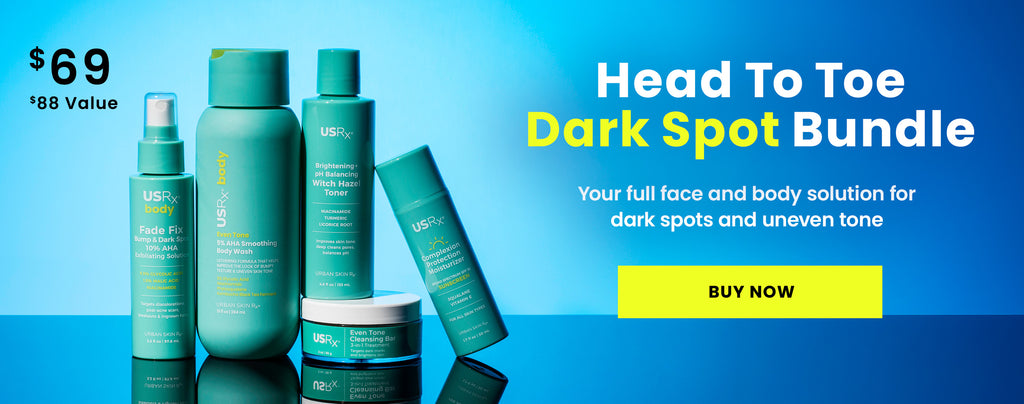 Cosmetic bundle with bottles and a jar on a blue background, featuring text about a dark spot solution.