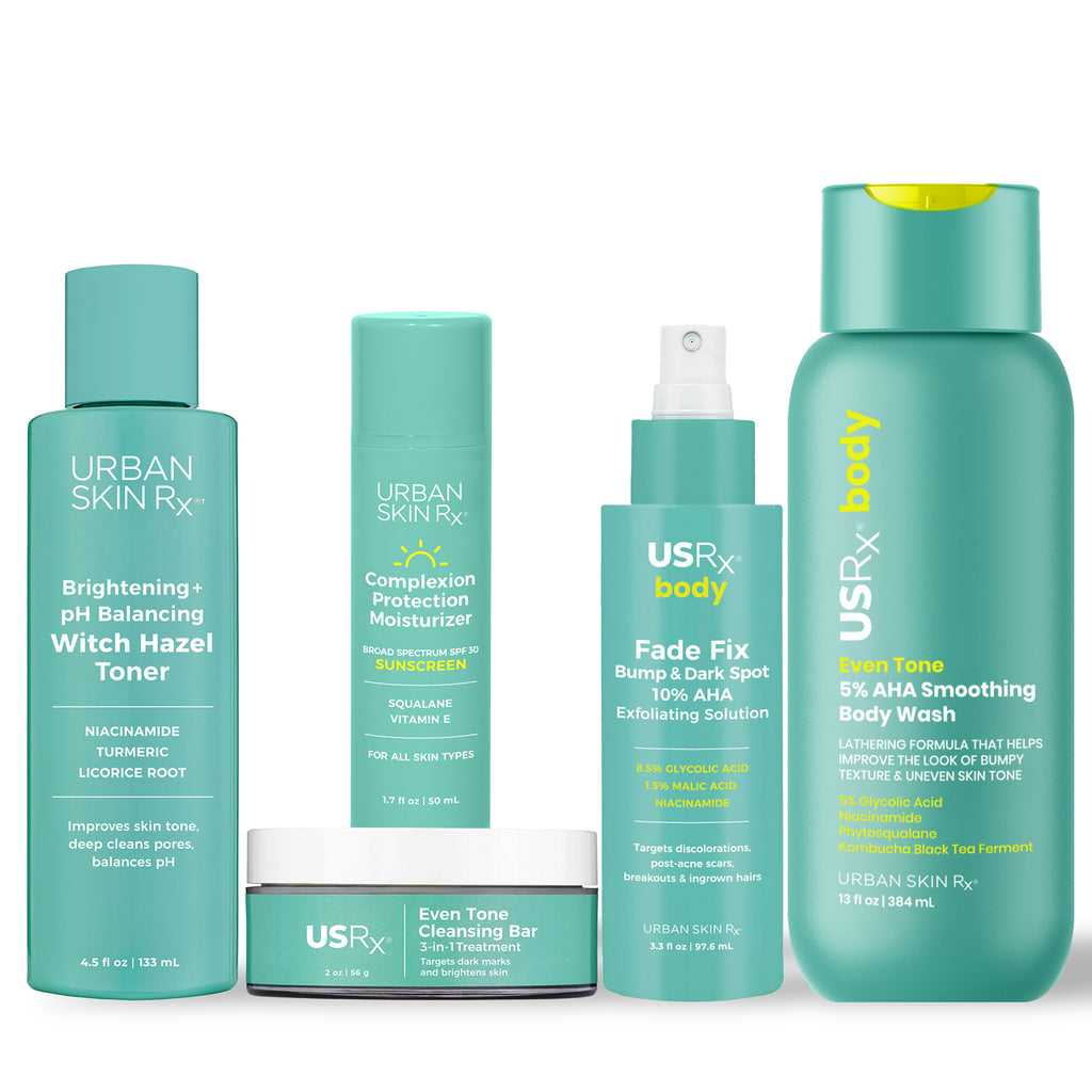 Assortment of USRx skincare and body products on a white background