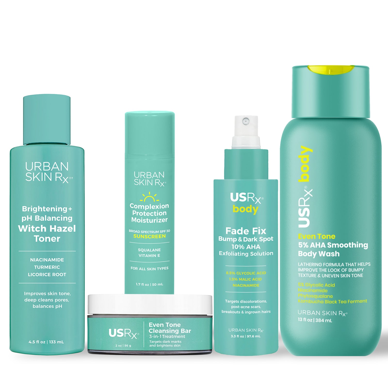 Assortment of USRx skincare and body products on a white background