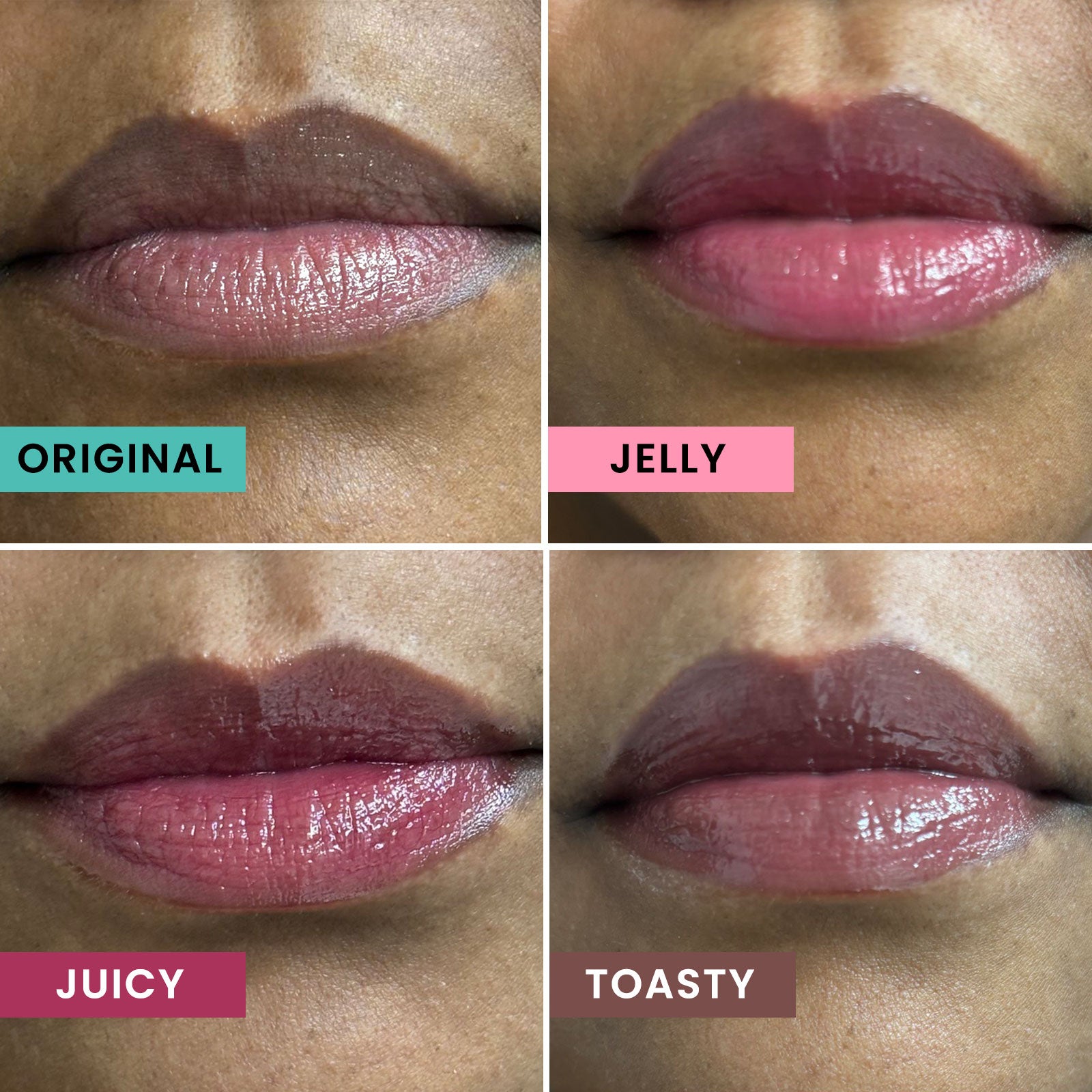 Comparison of different lip shades labeled 'Original', 'Jelly', 'Juicy', and 'Toasty' on a person's lips.