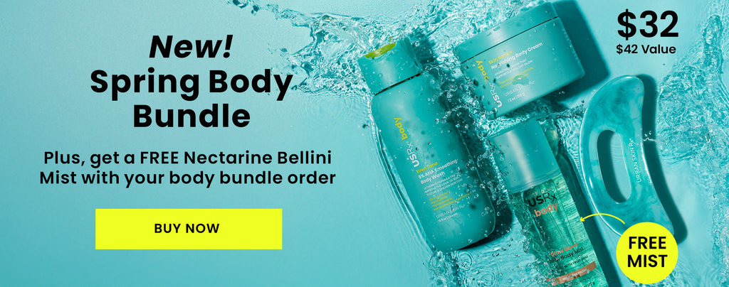 Assortment of USRx skincare products on a light blue background with promotional text