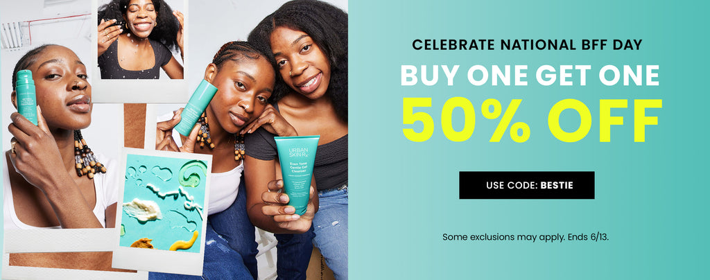 Women holding USRx skincare products with promotional text on blue background