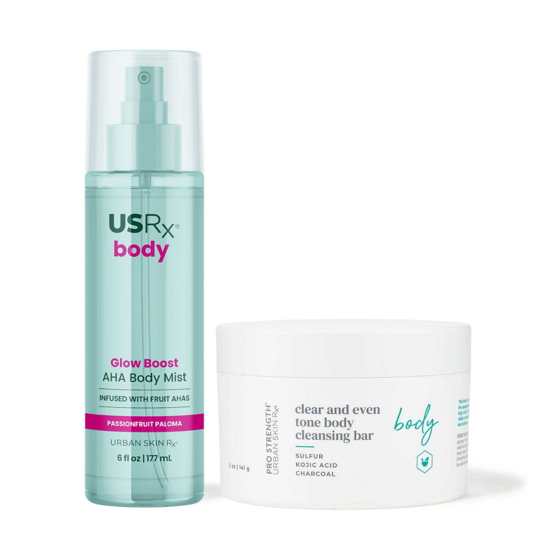 USRx Body Glow Duo including Clear and Even Tone Body Cleansing Bar and Glow Boost AHA Body Mist