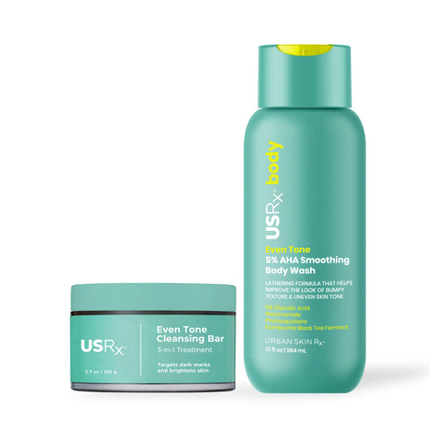Jar of USRx Even Tone Cleansing Bar and AHA Smoothing Body Wash on a white background