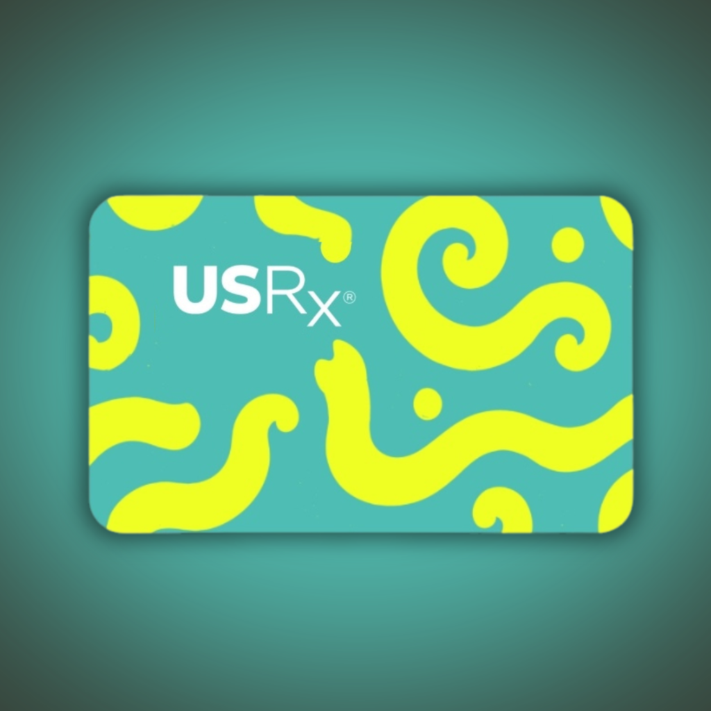 Colorful USRx Gift Card on a green background