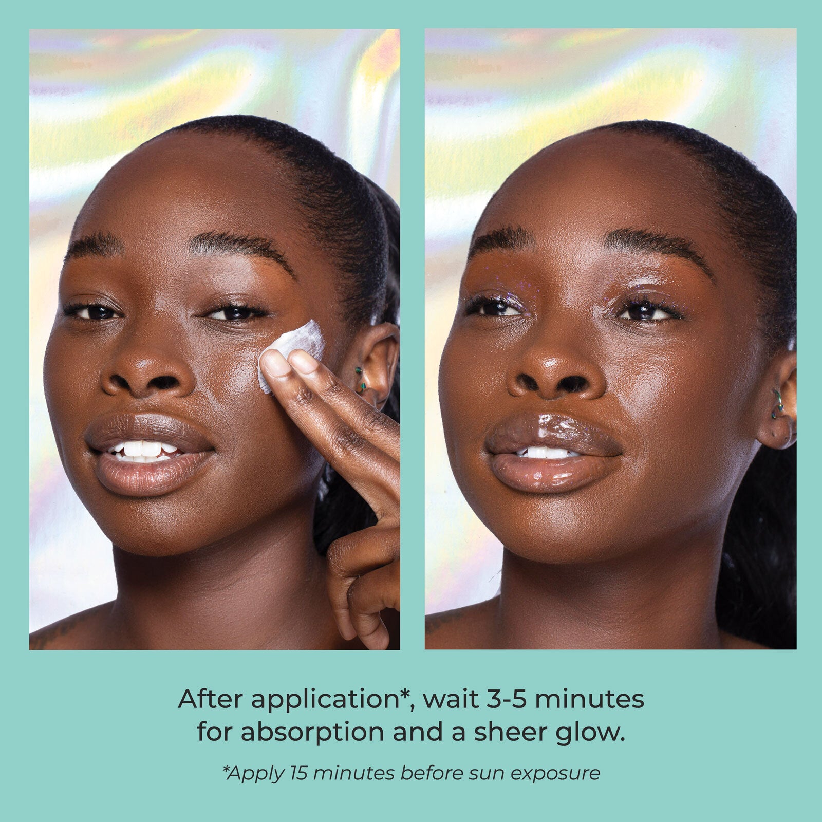 Woman before and after applying Urban Skin RX SheerGlow Even Tone Daily Defense Mineral Moisturizer to her face